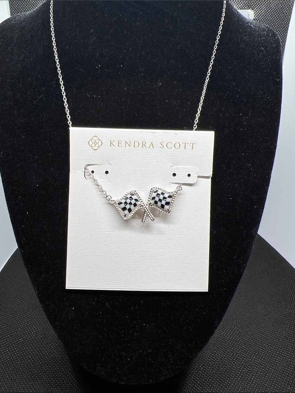 Kendra Scott Silver Black and White Checkered Flag Necklace